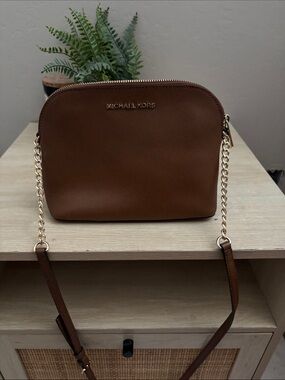 Michael Kors Cognac Saffiano Leather Crossbody with Gold Chain